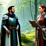 A diverse group of three professional fantasy adventurers, clearly representing different Lineage classes and races. One is a Human Knight in modest, functional plate armor, holding a shield and sword, looking at a detailed map. Another is an Elven Mage in professional, flowing robes, casting a soft, non-combative spell. The third is a Dwarven Crafter in appropriate, sturdy work attire, examining a crafting component. They stand together in a lush, family-friendly fantasy forest near a bustling starting town, under a clear sky. The scene conveys a sense of new beginnings and exploration. Fully clothed, appropriate attire, modest clothing, safe for work, perfect anatomy, correct proportions, natural pose, well-formed hands, proper finger count, natural body proportions, professional digital painting, high detail, vibrant colors.