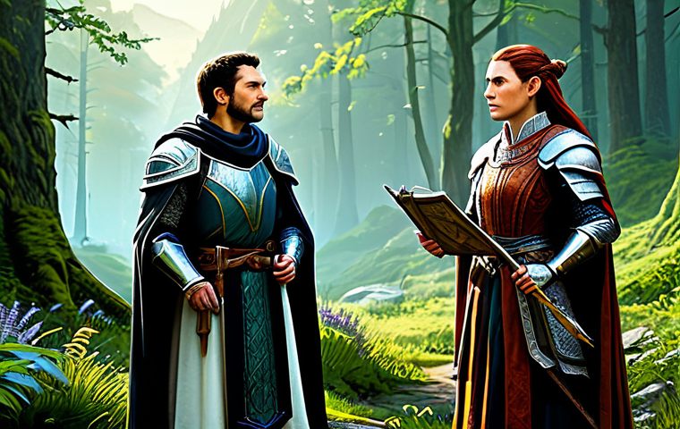 A diverse group of three professional fantasy adventurers, clearly representing different Lineage classes and races. One is a Human Knight in modest, functional plate armor, holding a shield and sword, looking at a detailed map. Another is an Elven Mage in professional, flowing robes, casting a soft, non-combative spell. The third is a Dwarven Crafter in appropriate, sturdy work attire, examining a crafting component. They stand together in a lush, family-friendly fantasy forest near a bustling starting town, under a clear sky. The scene conveys a sense of new beginnings and exploration. Fully clothed, appropriate attire, modest clothing, safe for work, perfect anatomy, correct proportions, natural pose, well-formed hands, proper finger count, natural body proportions, professional digital painting, high detail, vibrant colors.