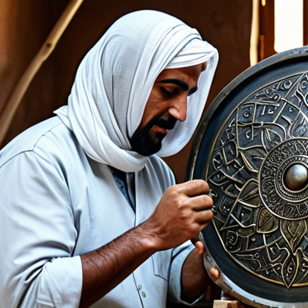 The Artisan**

*   **Prompt:** "A skilled artisan in a traditional Arabic workshop, crafting a detailed metal shield, safe for work, appropriate content, fully clothed, professional, modest clothing, intricate designs, natural lighting, well-formed hands, perfect anatomy, natural pose, high quality."

**