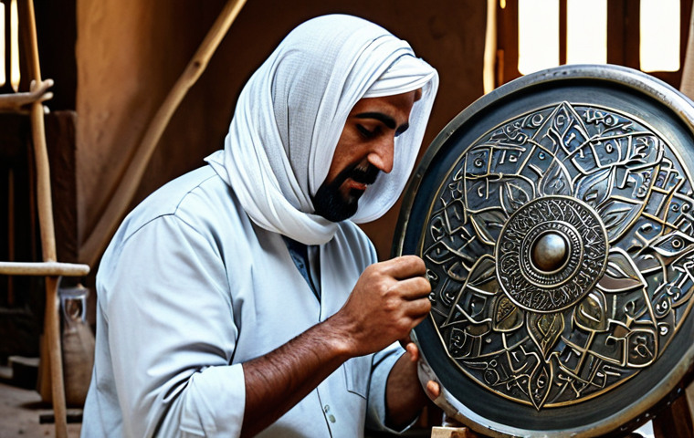 The Artisan**

*   **Prompt:** "A skilled artisan in a traditional Arabic workshop, crafting a detailed metal shield, safe for work, appropriate content, fully clothed, professional, modest clothing, intricate designs, natural lighting, well-formed hands, perfect anatomy, natural pose, high quality."

**
