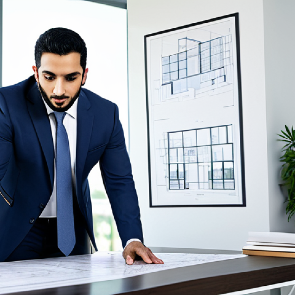 리니지 크래프팅 활용법 - "A professional Arab architect in a modern office, reviewing blueprints, wearing a suit, fully cloth...