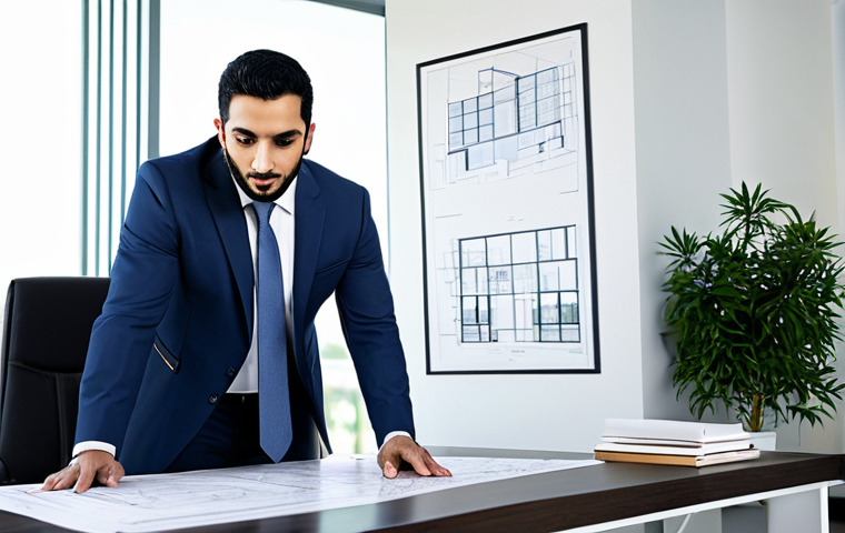 리니지 크래프팅 활용법 - "A professional Arab architect in a modern office, reviewing blueprints, wearing a suit, fully cloth...