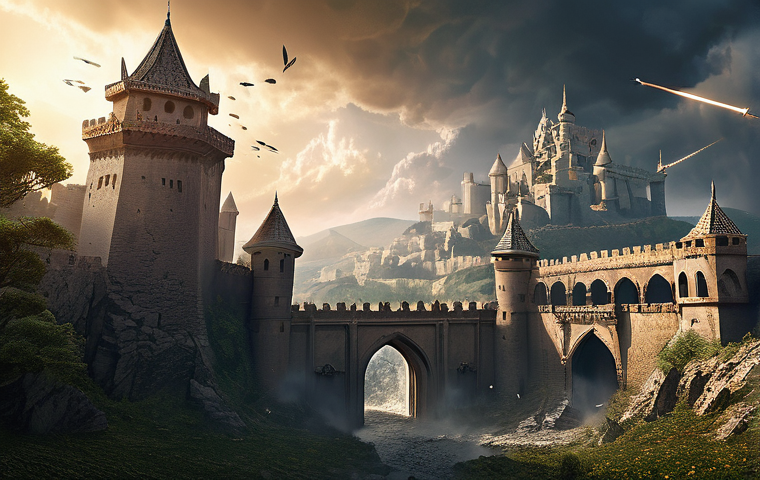 리니지 패치 노트 요약 - **Prompt:** A chaotic and intense siege warfare scene set against the backdrop of a grand, ancient f...