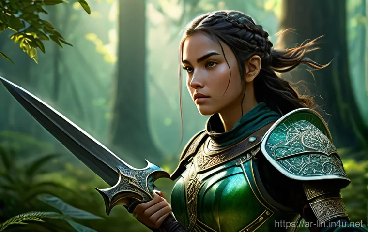 리니지 자동 사냥 설정법 - Prompt 1: The Efficient Warrior in a Verdant Clearing**