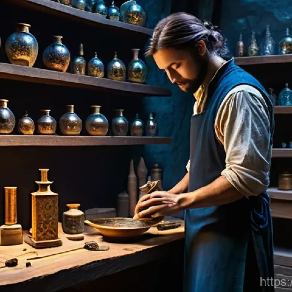 리니지 희귀템 활용법 - **Prompt 1: The Artisan of Fusion**
A highly skilled fantasy artisan, gender-neutral, in a mysti...