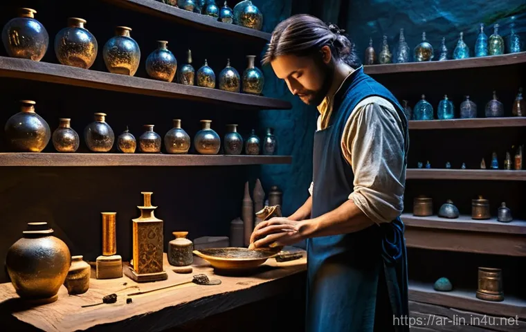 리니지 희귀템 활용법 - **Prompt 1: The Artisan of Fusion**
A highly skilled fantasy artisan, gender-neutral, in a mysti...