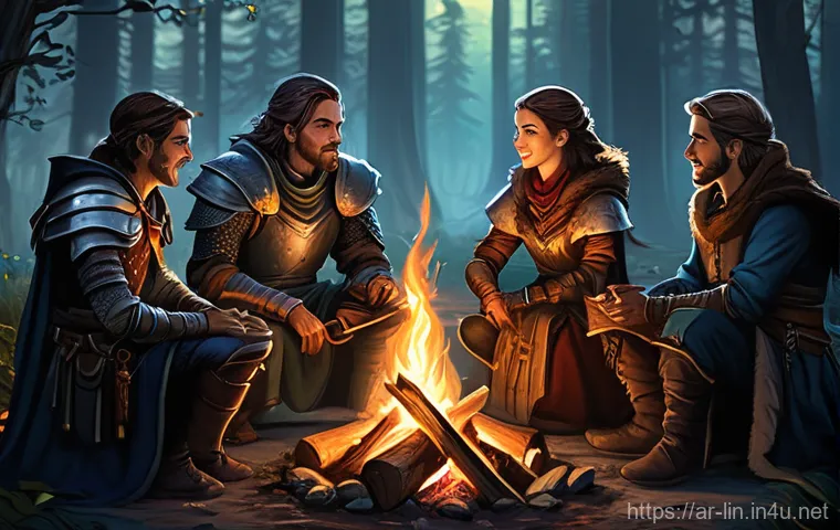 리니지 서버별 차이 분석 - **Prompt 1: "A diverse group of five fantasy adventurers, consisting of a male warrior in sturdy pla...