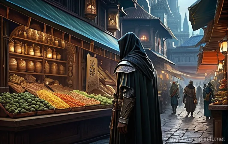 리니지 거래소 안전 사용법 - **Prompt:** A highly detailed, epic fantasy digital painting depicting a bustling, vibrant Lineage-s...