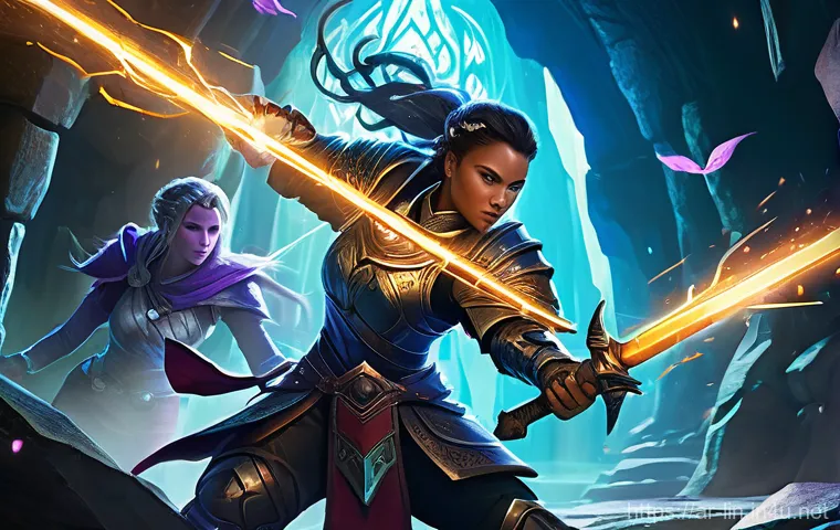 리니지 신규 콘텐츠 분석 - "A group of four diverse fantasy adventurers, two men and two women, all fully clothed in practical,...