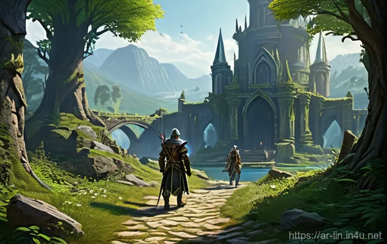 리니지 팬 커뮤니티 소개 - **Prompt:** A diverse group of fantasy adventurers, including a stoic male human knight in gleaming ...