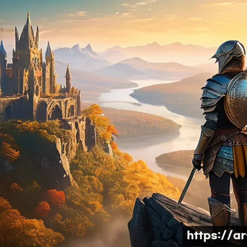 리니지 글로벌 서버 비교 - A determined female knight, clad in intricate, full plate armor, stands atop a jagged mountain peak ...