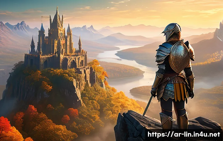 리니지 글로벌 서버 비교 - A determined female knight, clad in intricate, full plate armor, stands atop a jagged mountain peak ...