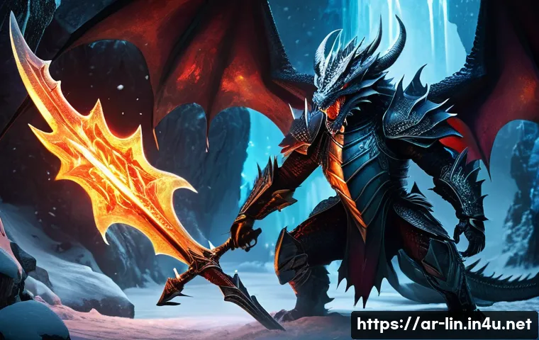 리니지 희귀 몬스터 공략 - A mystical nighttime scene inside an icy cave featuring the Dark Dragon, a massive black-scaled drag...