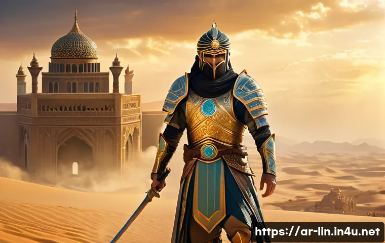 리니지 전설급 스킬북 설명 - A dynamic fantasy battle scene set in a vast desert landscape inspired by Middle Eastern aesthetics,...