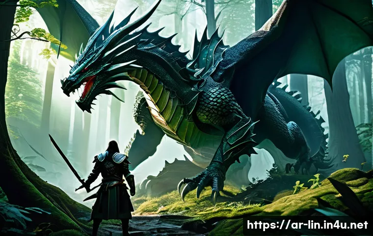 리니지 희귀 보스 드랍 정보 - A dynamic fantasy battle scene set in the shadowy "Forest of Shadow," featuring a group of diverse w...