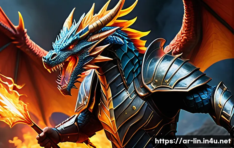 리니지 보스 몬스터 공략 - A detailed fantasy battle scene featuring the Dragon Lord boss monster: a massive, majestic dragon w...