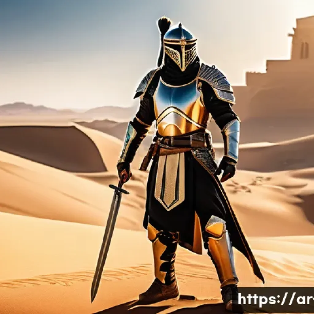 리니지 PvP 리그 참가 가이드 - A dynamic scene of an Arab male PvP warrior character in detailed fantasy armor, wielding a glowing ...