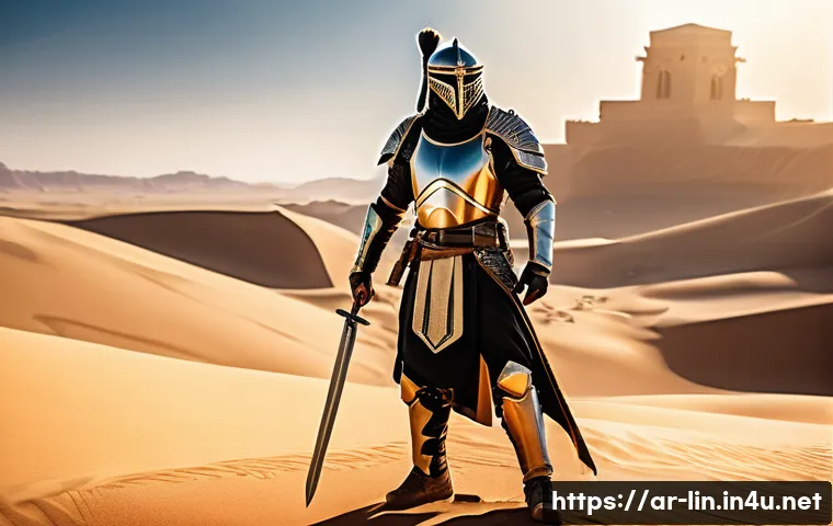 리니지 PvP 리그 참가 가이드 - A dynamic scene of an Arab male PvP warrior character in detailed fantasy armor, wielding a glowing ...