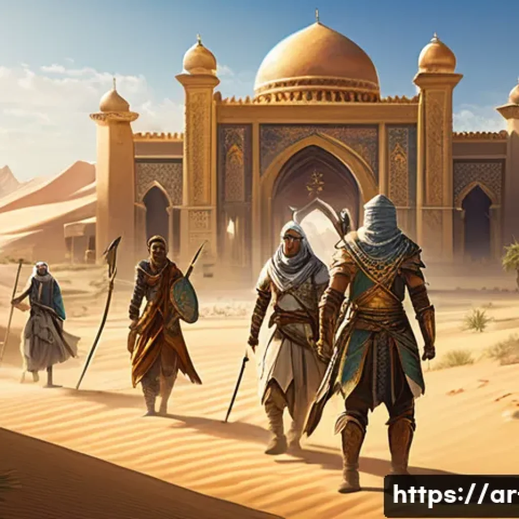 리니지 퀘스트 효율 순위 - A detailed fantasy game scene depicting a diverse group of Arabic-inspired adventurers in traditiona...