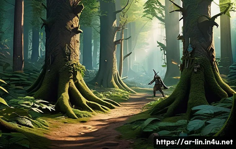 리니지 경험치 농장 위치 - A vibrant fantasy forest scene titled "Dark Forest" designed for beginner players aged 15 and above,...