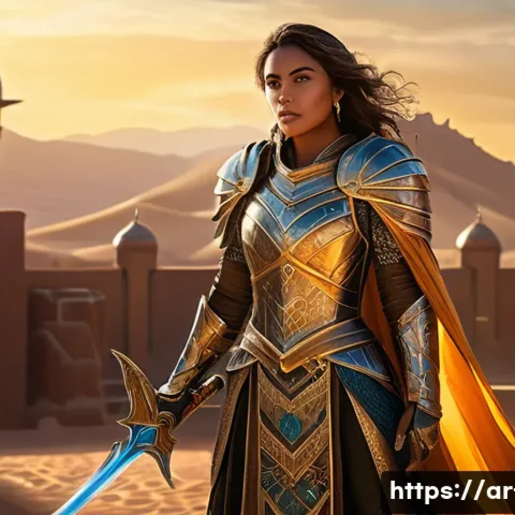 리니지 팬아트 갤러리 소개 - A highly detailed digital painting of a heroic female warrior from Lineage, wearing elaborately desi...
