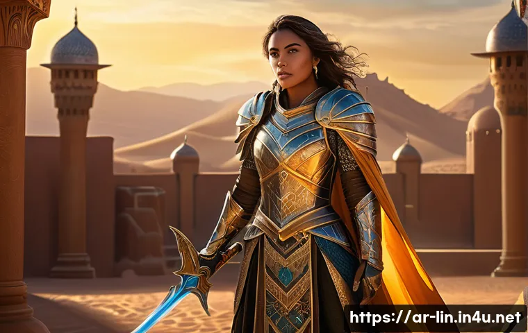리니지 팬아트 갤러리 소개 - A highly detailed digital painting of a heroic female warrior from Lineage, wearing elaborately desi...