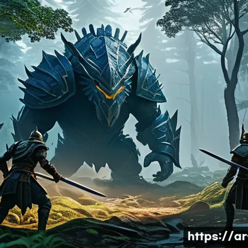 리니지 신규 콘텐츠 설명 - A dynamic battle scene set in a dense, lush forest environment during twilight, featuring a diverse ...