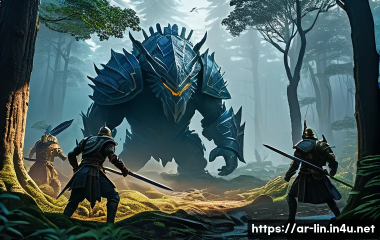 리니지 신규 콘텐츠 설명 - A dynamic battle scene set in a dense, lush forest environment during twilight, featuring a diverse ...