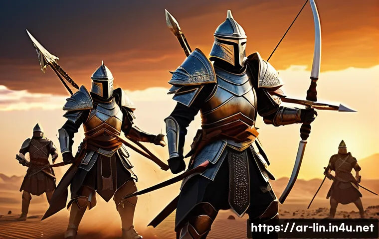 리니지 이벤트 공략법 - A detailed fantasy battle scene in the style of Lineage game events, featuring a diverse team of arm...