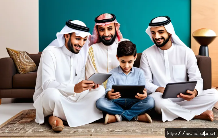 리니지 패키지 상품 분석 - A modern Middle Eastern family sitting comfortably in a contemporary living room, using various devi...