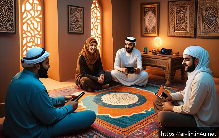 리니지 소셜 네트워크 활용 - A vibrant digital illustration of a diverse group of Arabic-speaking gamers in a cozy, modern room d...
