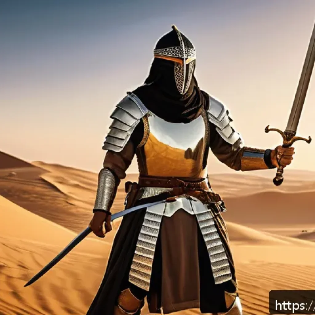 리니지 타격감 좋은 무기 - A dynamic battle scene in a fantasy medieval setting featuring a skilled Arab warrior wearing tradit...