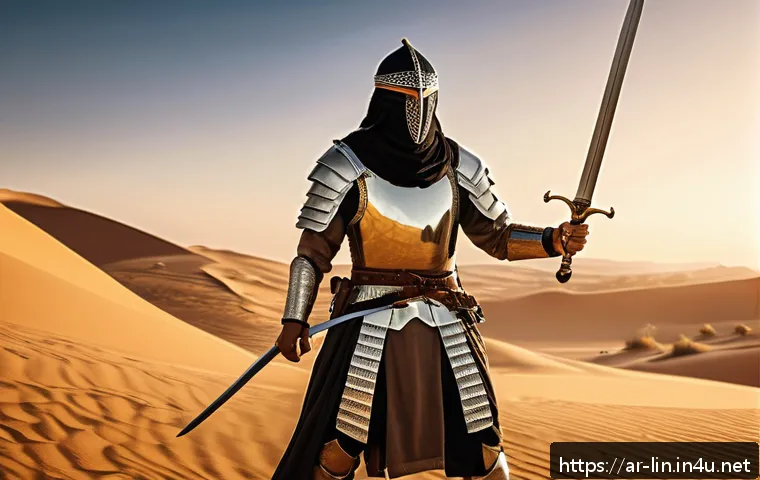 리니지 타격감 좋은 무기 - A dynamic battle scene in a fantasy medieval setting featuring a skilled Arab warrior wearing tradit...