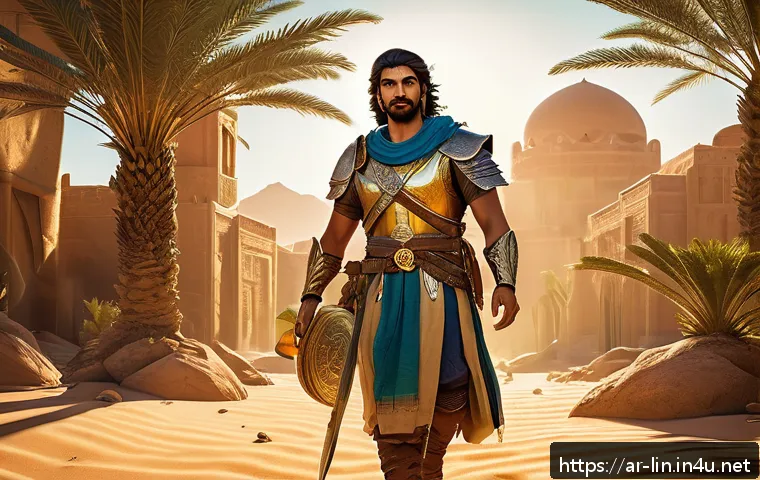 리니지 무과금 유저 생존법 - A detailed fantasy game scene showing a Middle Eastern-inspired warrior in ornate armor gathering pr...