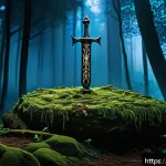 리니지 희귀 아이템 공략 - A mysterious dark forest scene at night between 9 PM and midnight, featuring an ancient, glowing "Sw...
