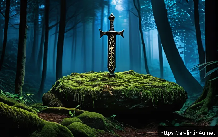 리니지 희귀 아이템 공략 - A mysterious dark forest scene at night between 9 PM and midnight, featuring an ancient, glowing "Sw...