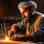 리니지 크래프팅 레시피 - A skilled Middle Eastern male blacksmith in a traditional desert village workshop, crafting a powerf...