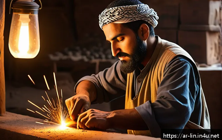 리니지 크래프팅 레시피 - A skilled Middle Eastern male blacksmith in a traditional desert village workshop, crafting a powerf...