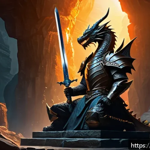 리니지 아이템 카탈로그 - A detailed fantasy scene showcasing a legendary "Dragon Sword" resting on an ancient stone pedestal ...
