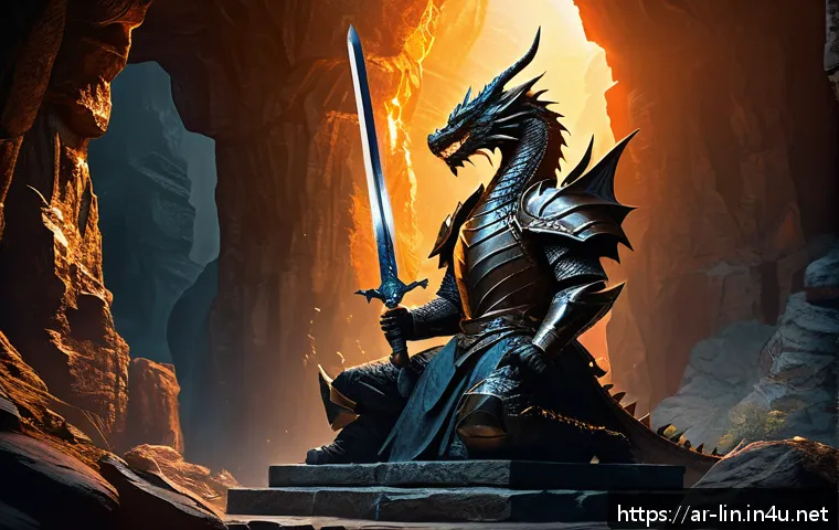 리니지 아이템 카탈로그 - A detailed fantasy scene showcasing a legendary "Dragon Sword" resting on an ancient stone pedestal ...
