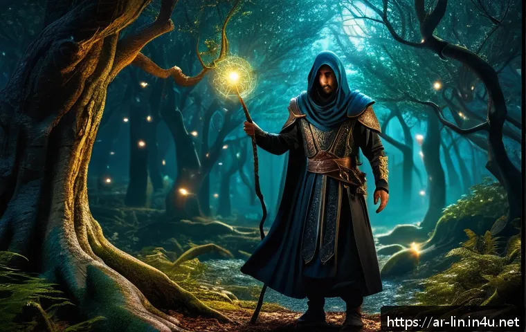 리니지 마법서 얻는 법 - A mystical dark forest scene from an Arabic-inspired fantasy world, featuring medium-level monsters ...