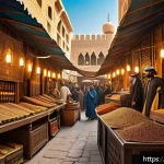리니지 희귀 아이템 거래소 활용법 - A vibrant and detailed fantasy marketplace scene set in an Arabic-inspired medieval bazaar, featurin...