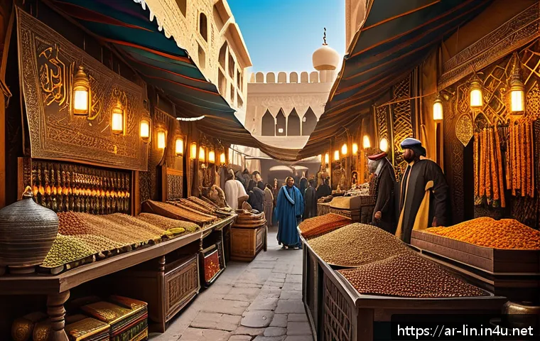 리니지 희귀 아이템 거래소 활용법 - A vibrant and detailed fantasy marketplace scene set in an Arabic-inspired medieval bazaar, featurin...