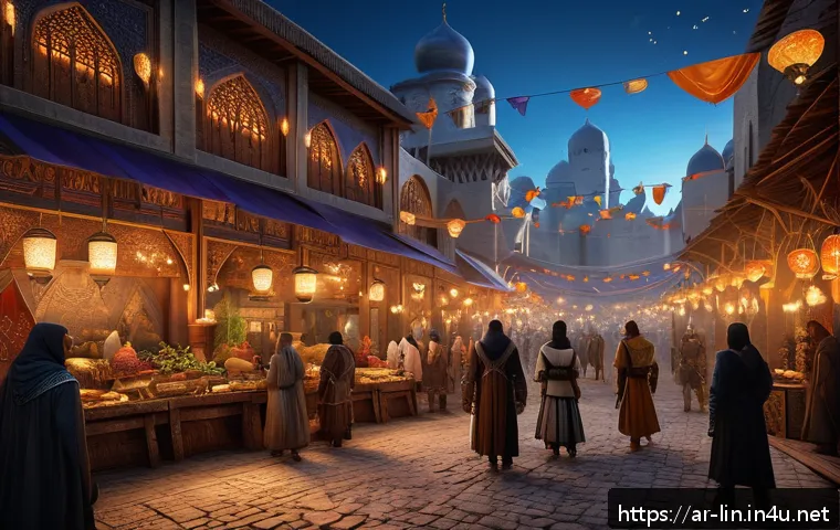 리니지 실버 계급 달성법 - A detailed digital fantasy scene showing a diverse group of players in a Middle Eastern inspired med...