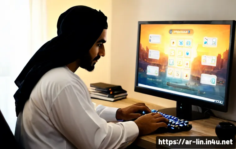 리니지 희귀 아티팩트 활용 - Photorealistic Arab gamer in a modern Riyadh apartment, studying a fantasy MMORPG inventory screen w...