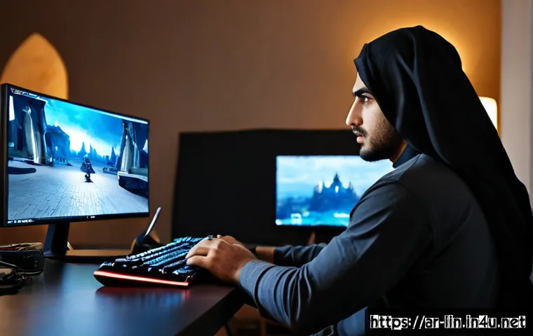 리니지 PVP 유저를 위한 팁 - Photorealistic cinematic scene of an Arab male gamer in his late 20s preparing for a competitive fan...