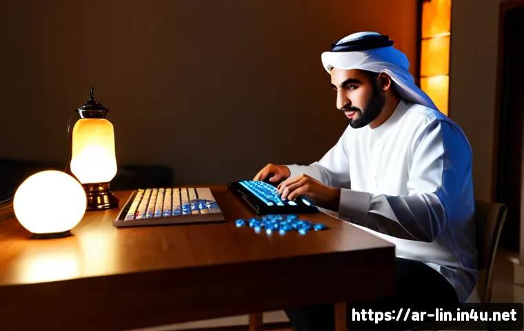 리니지 희귀템 수집법 - Photorealistic Arab male gamer in a modern Gulf-style living room, carefully organizing glowing fant...