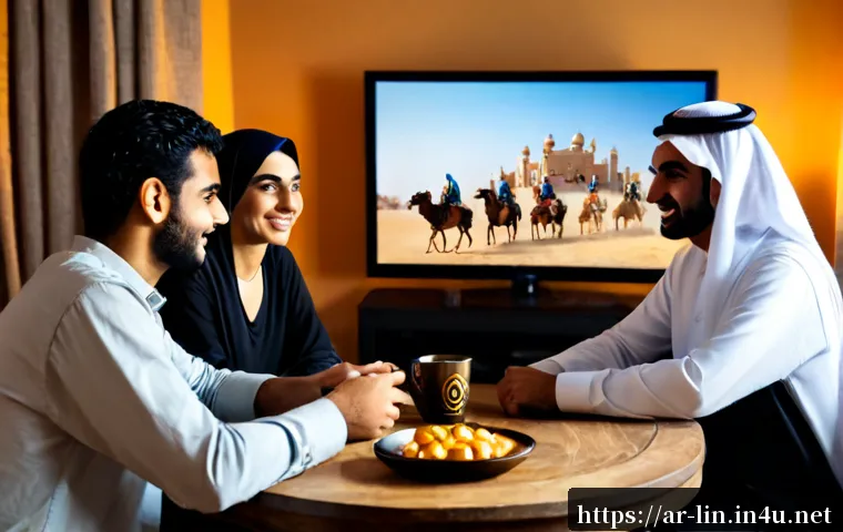 Home 17 리니지 신입 혈맹원 모집 - Photorealistic evening scene in a modern Gulf Arab living room, three adult Arab friends in modest c...