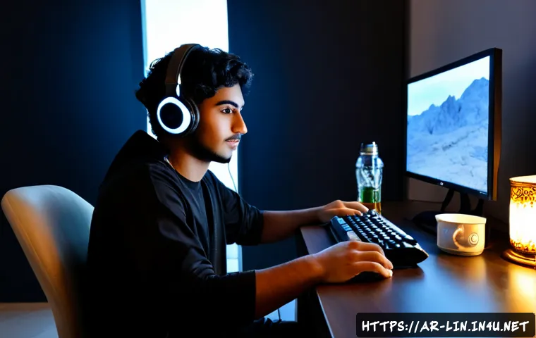 리니지 신규 업데이트 준비 - Photorealistic young Arab gamer preparing for a fantasy MMORPG update, seated at a clean modern desk...