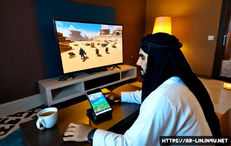 리니지 글로벌 버전 차이 - Photorealistic side-by-side comparison scene of two Arabic-speaking adult gamers in a modern Gulf-st...